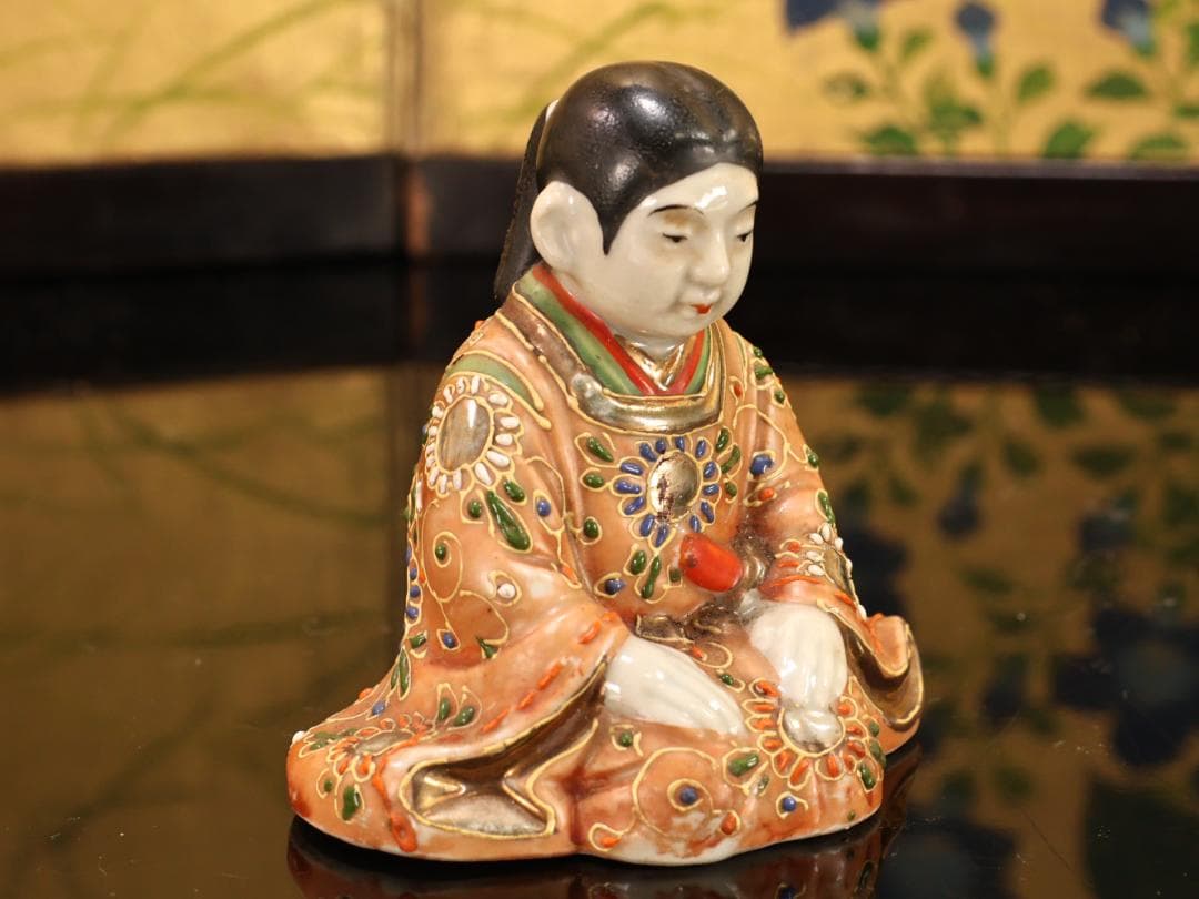 BK523　九谷焼　楠木正成 正行　桜井の別れ　陶人形 置物　金彩色絵 戦国武将