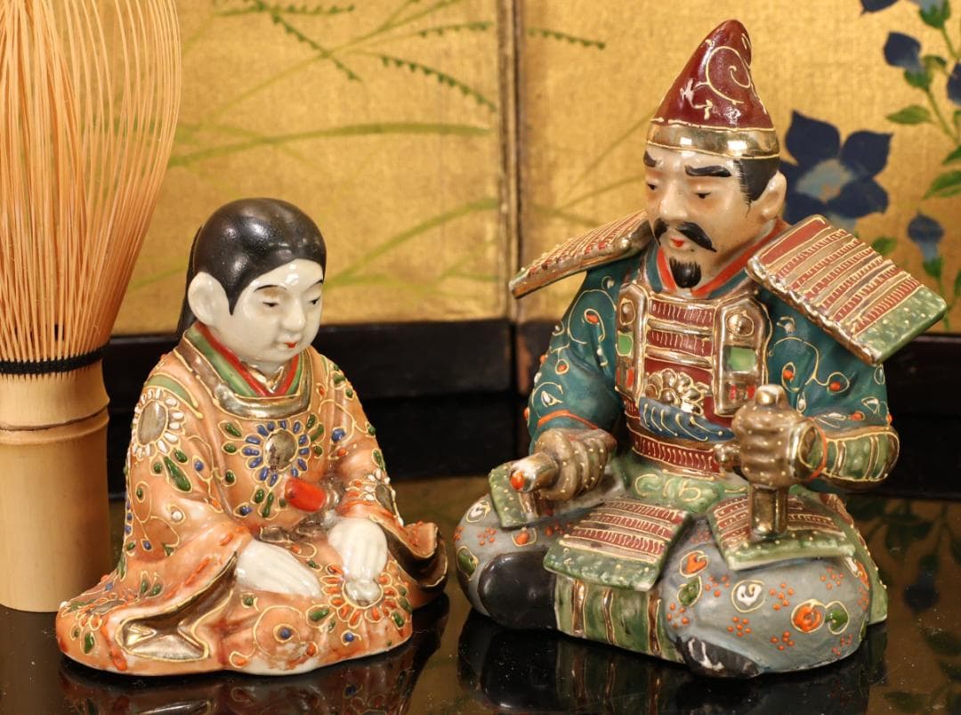 BK523　九谷焼　楠木正成 正行　桜井の別れ　陶人形 置物　金彩色絵 戦国武将