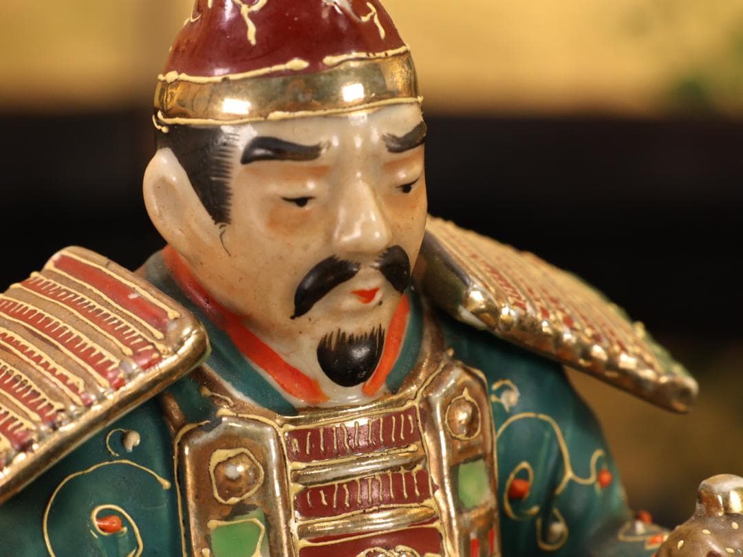 BK523　九谷焼　楠木正成 正行　桜井の別れ　陶人形 置物　金彩色絵 戦国武将