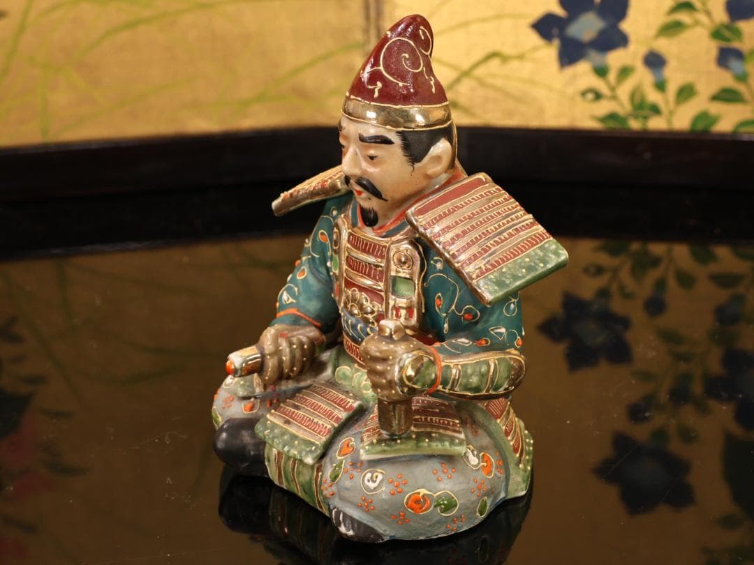 BK523　九谷焼　楠木正成 正行　桜井の別れ　陶人形 置物　金彩色絵 戦国武将