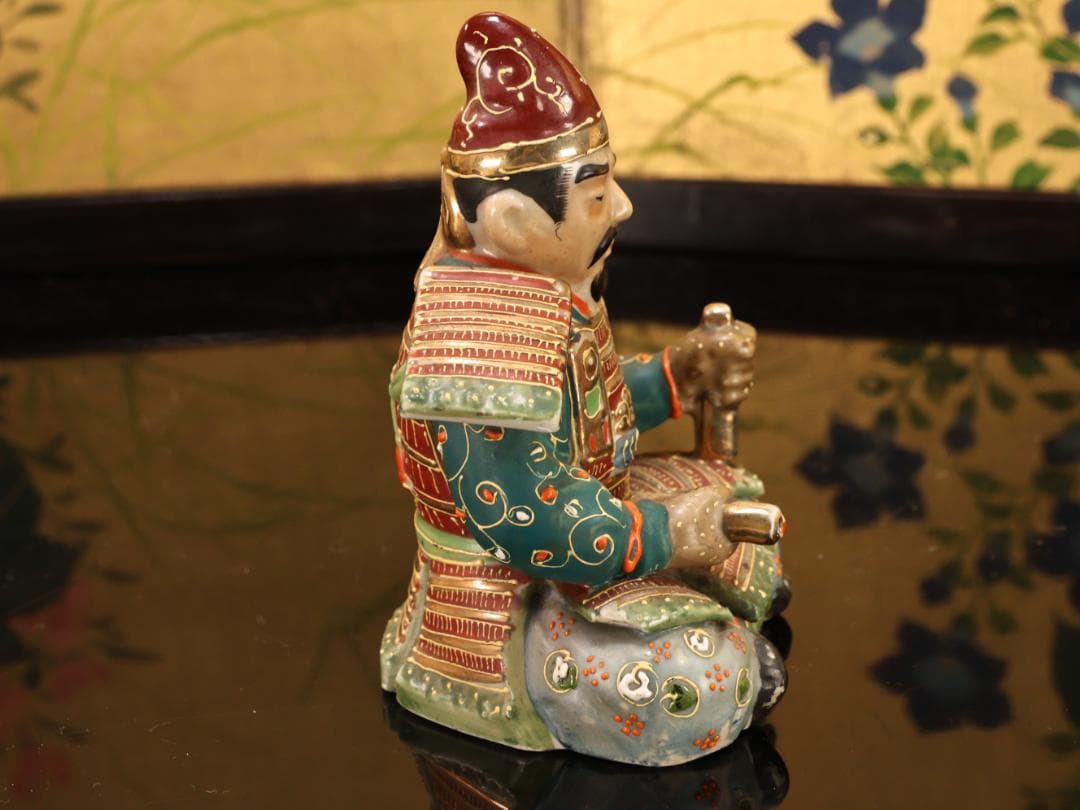 BK523　九谷焼　楠木正成 正行　桜井の別れ　陶人形 置物　金彩色絵 戦国武将
