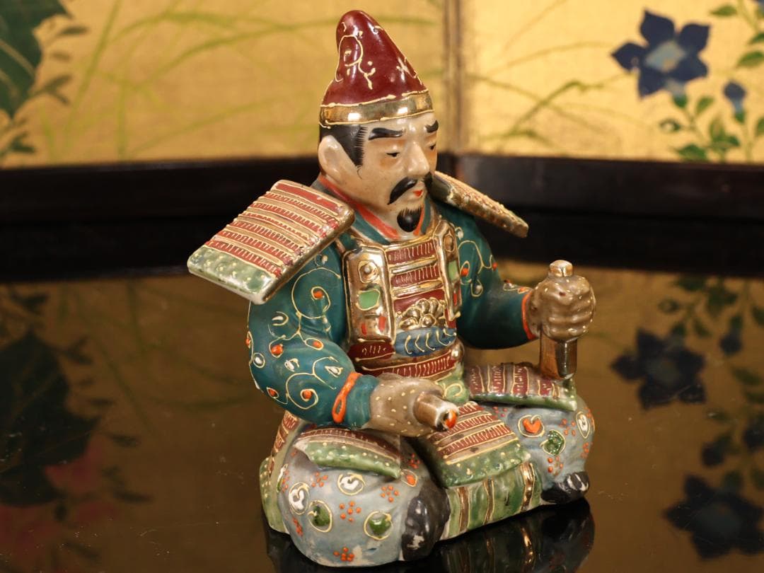 BK523　九谷焼　楠木正成 正行　桜井の別れ　陶人形 置物　金彩色絵 戦国武将