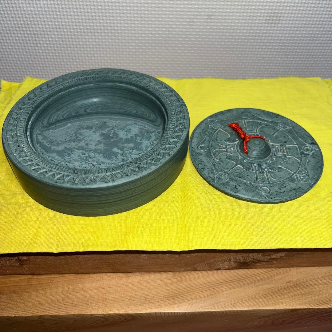 ⭕️楽渓硯　製硯者不特定　雨端古鏡紋硯　雨宮静軒の同一作品が別掲示　超絶技巧　蓋付