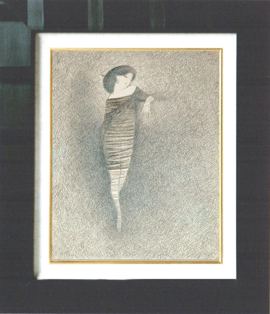 油絵 菅家令子 絵 絵画インテリア額付(青緑＋金色の枠) F3-010111女性