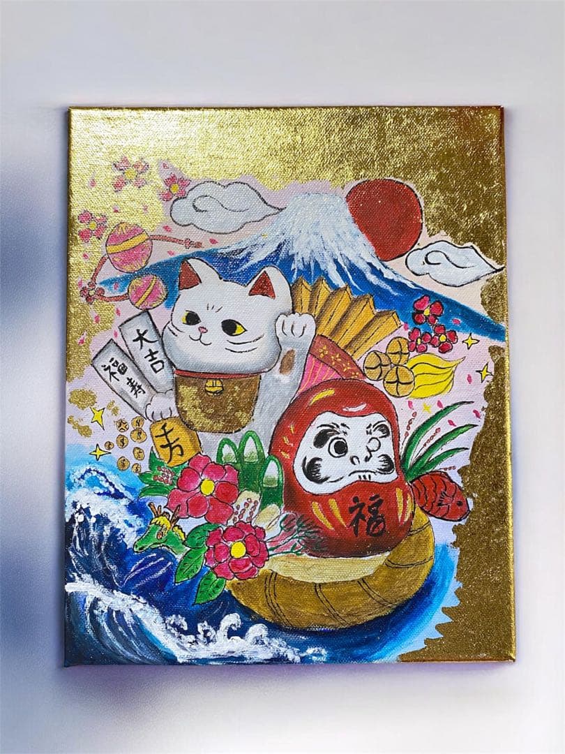 【原画・一点物】招き猫 達磨 富士山 金箔 アクリル画 開運・縁起物・和風