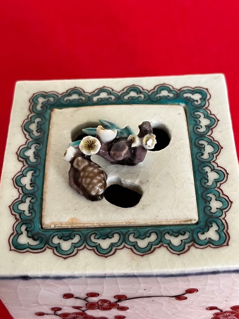 人間国宝 初代 徳田八十吉作 古九谷敬意 角香炉 管理T262