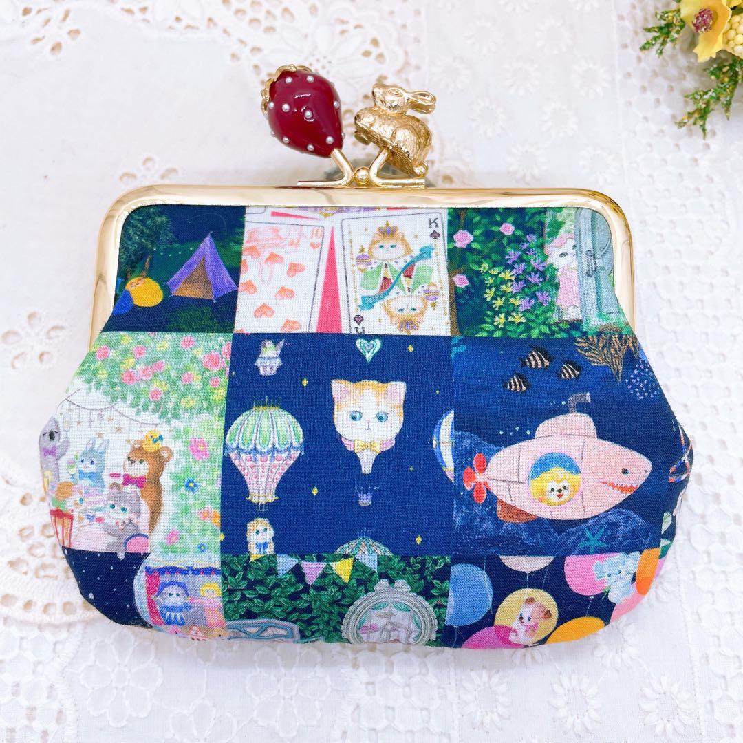 ユキエモン新柄＊アニバーサリーパッチワーク＊ネイビー がま口 ハンドメイド