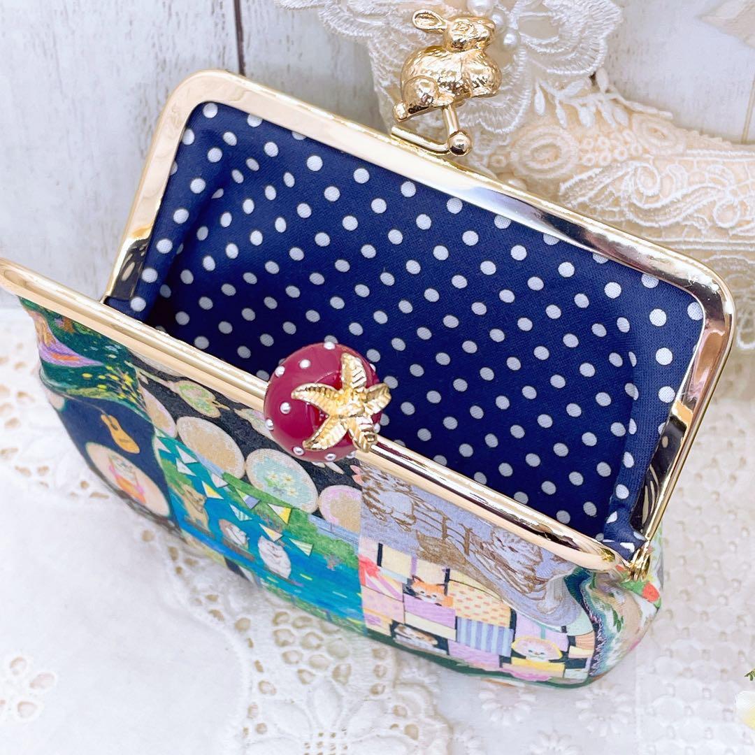 ユキエモン新柄＊アニバーサリーパッチワーク＊ネイビー がま口 ハンドメイド