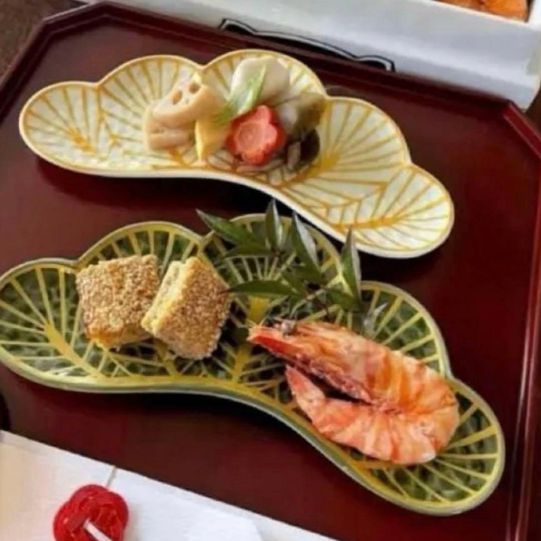 【新品】【大人気】有田焼幸楽窯 錦茶緑金松葉形前菜皿3枚セット　縁起物