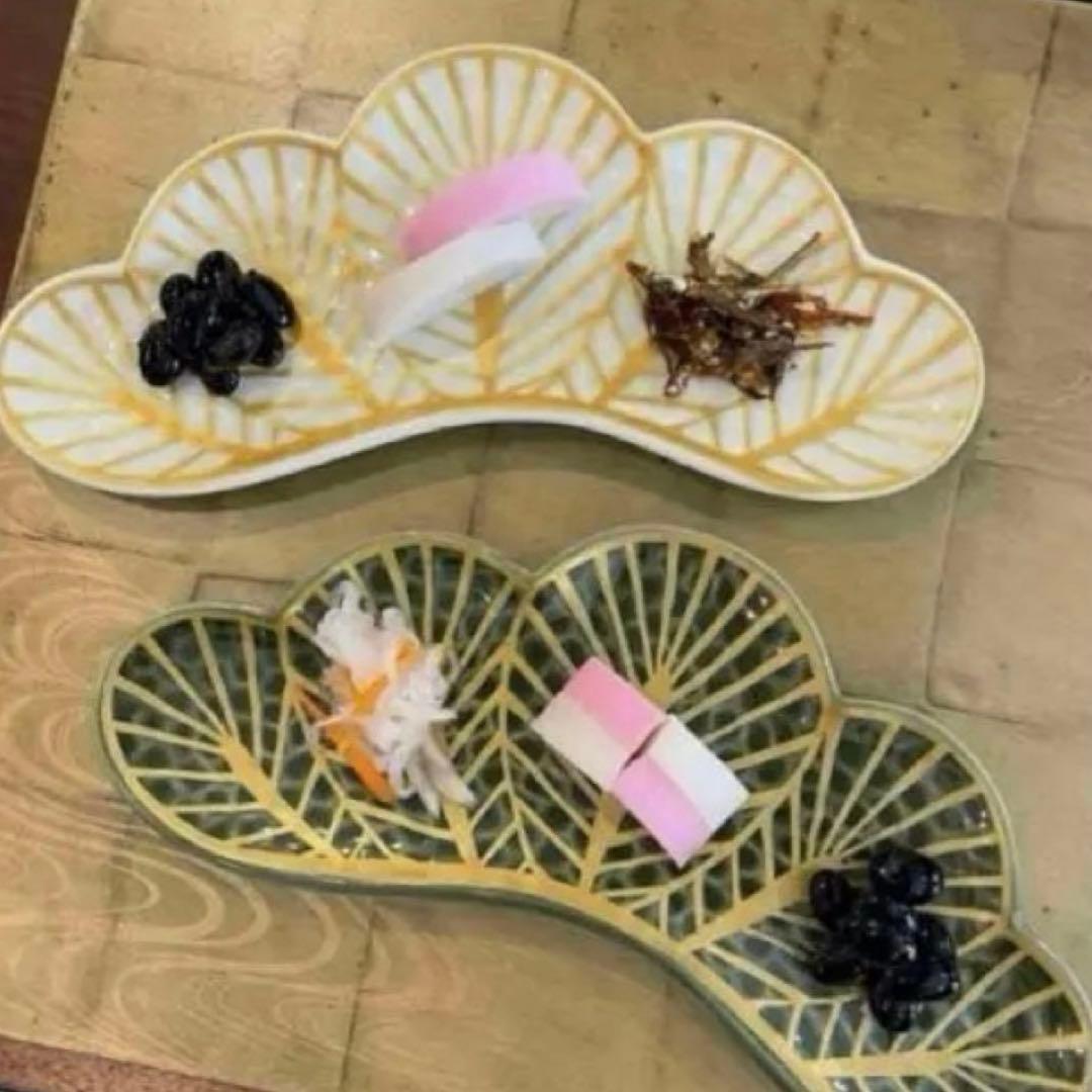 【新品】【大人気】有田焼幸楽窯 錦茶緑金松葉形前菜皿3枚セット　縁起物