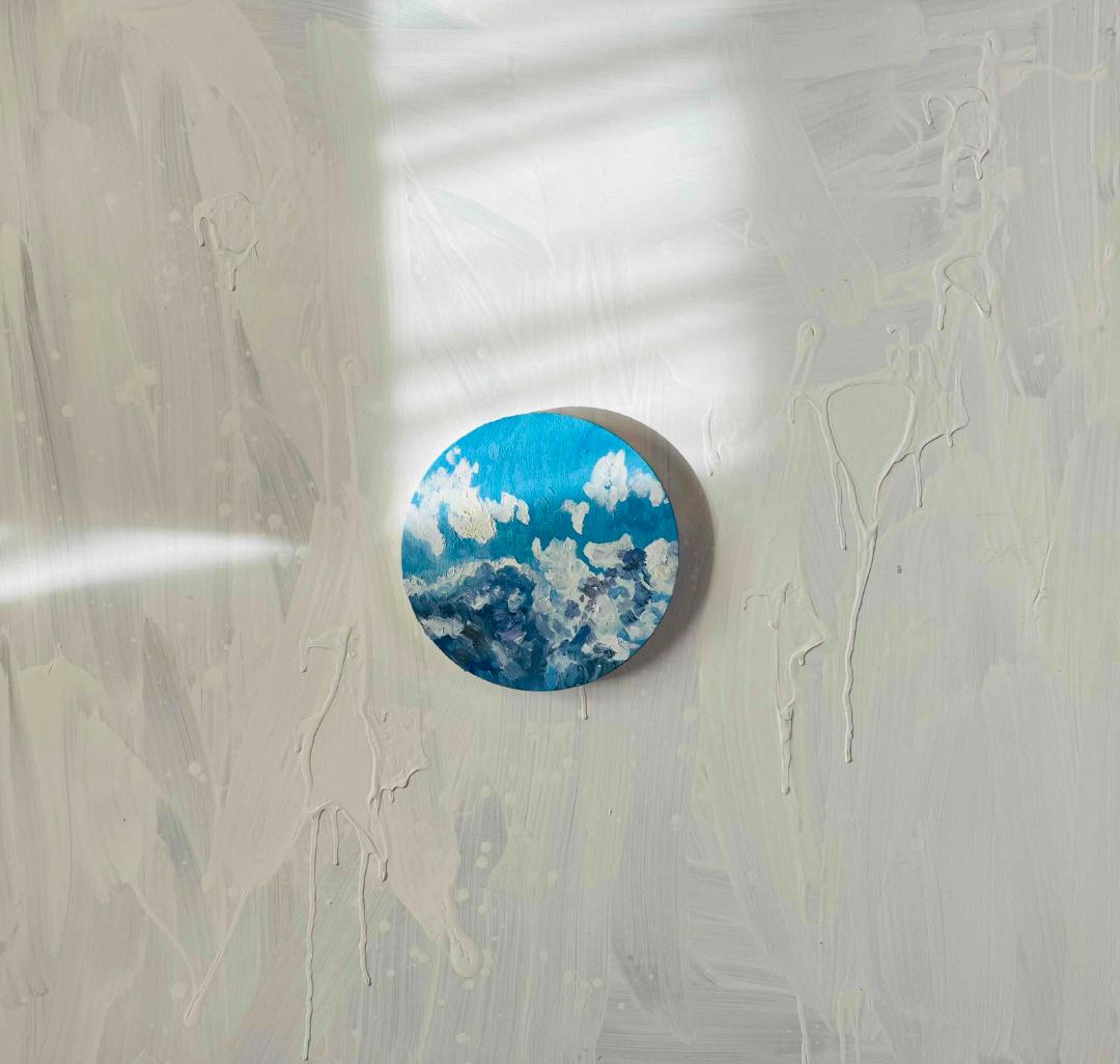 油彩 絵画 『冬空２』丸形アートパネル 直径20cmインテリア 絵画 原画