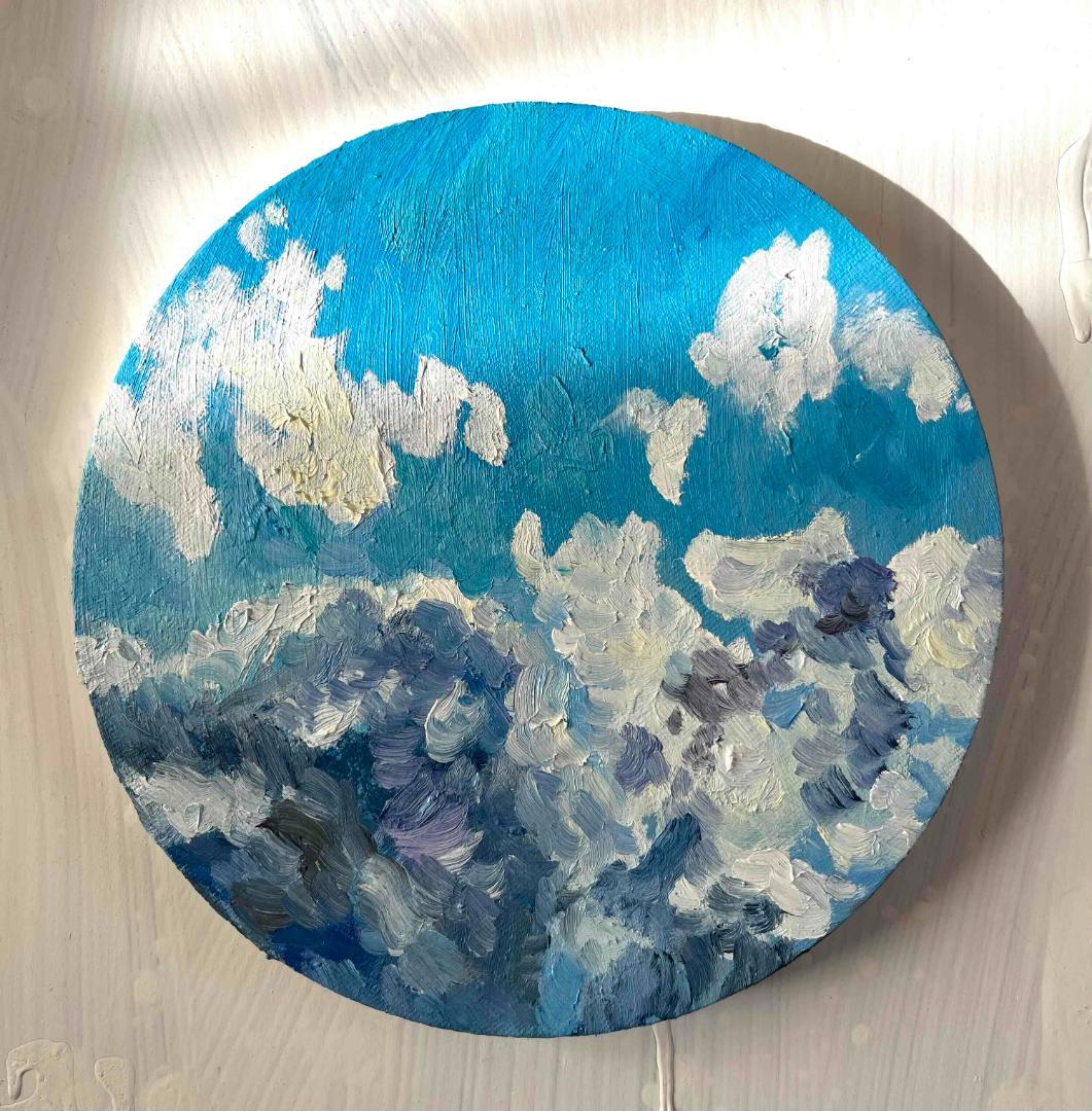 油彩 絵画 『冬空２』丸形アートパネル 直径20cmインテリア 絵画 原画