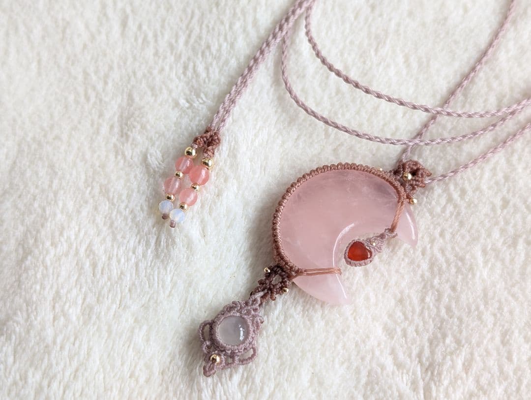 マクラメネックレス ローズクォーツ/ホワイトムーンストーン