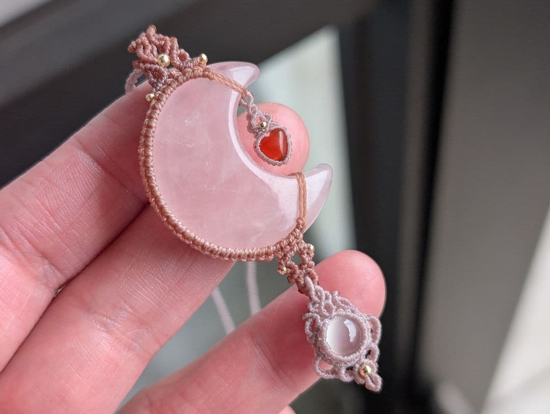 マクラメネックレス ローズクォーツ/ホワイトムーンストーン