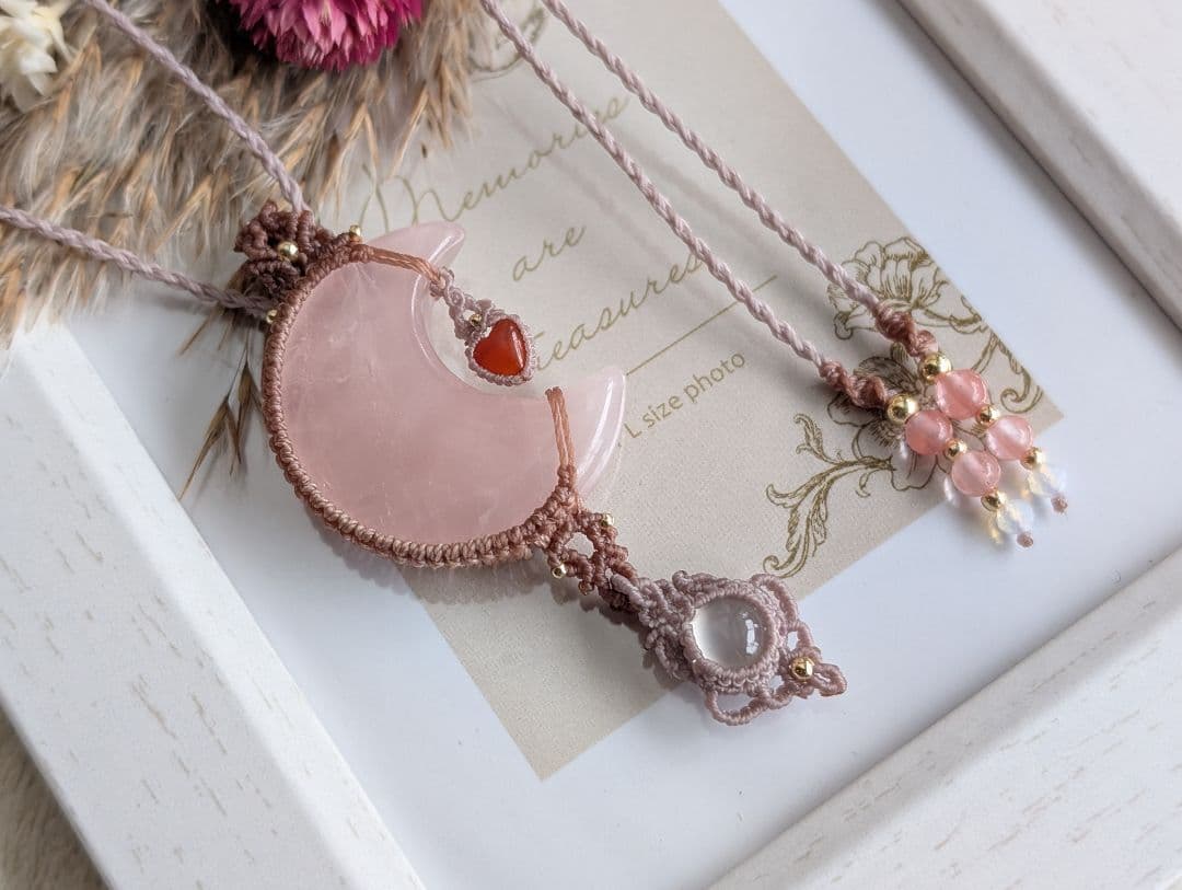 マクラメネックレス ローズクォーツ/ホワイトムーンストーン