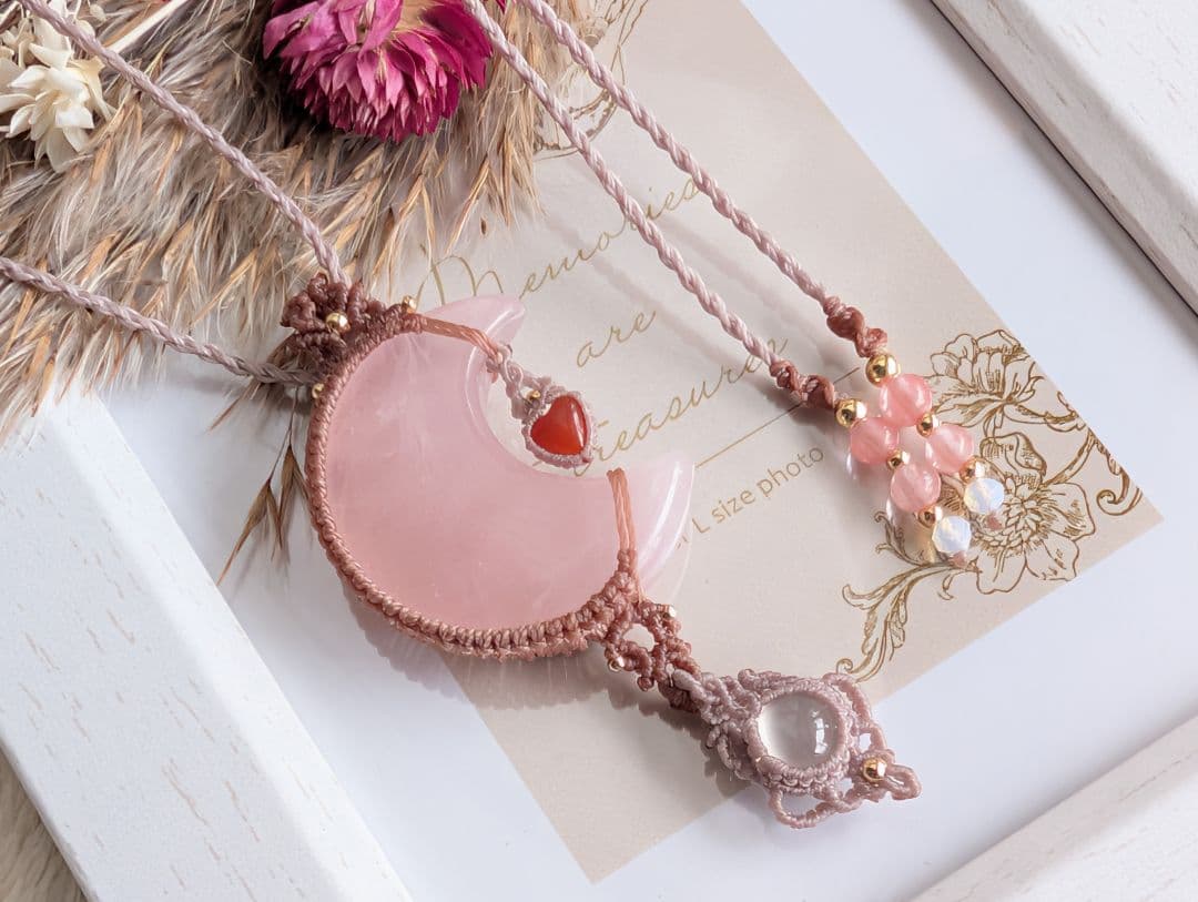 マクラメネックレス ローズクォーツ/ホワイトムーンストーン