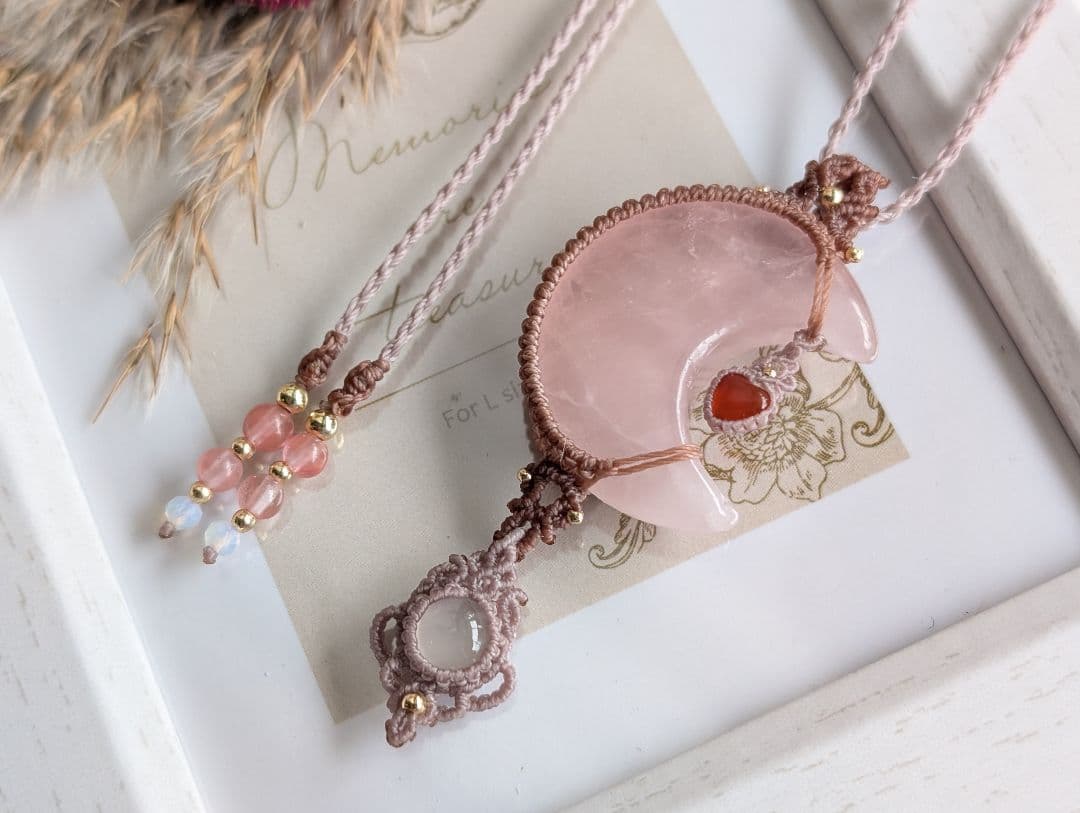 マクラメネックレス ローズクォーツ/ホワイトムーンストーン