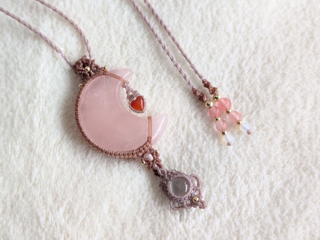 マクラメネックレス ローズクォーツ/ホワイトムーンストーン