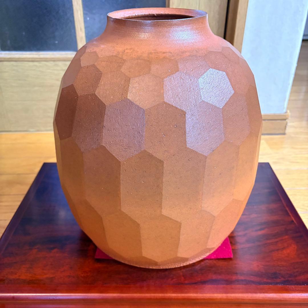 井上善夫 萬古焼 亀甲塩釉壺 共箱付 作家物 美術陶器 30cm