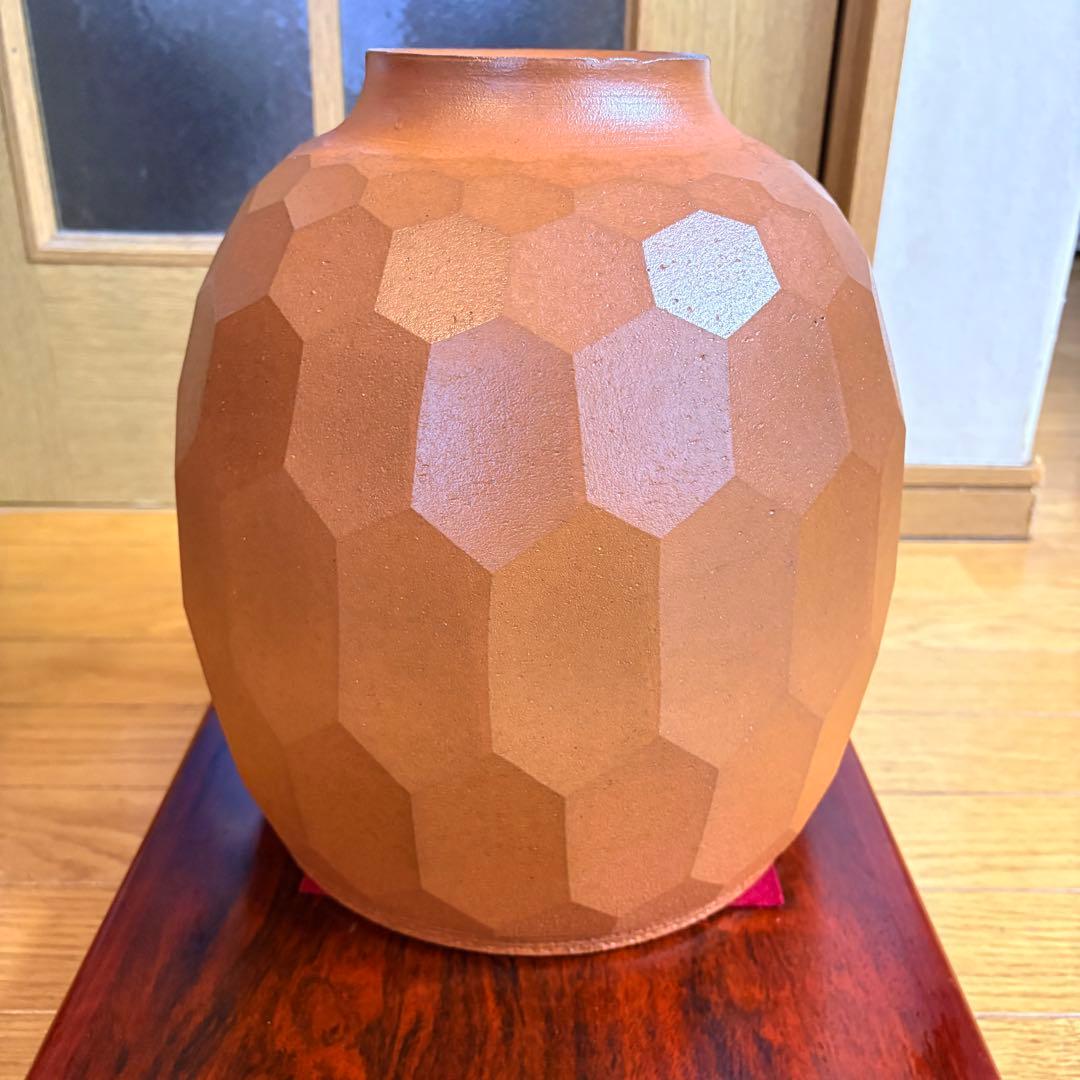 井上善夫 萬古焼 亀甲塩釉壺 共箱付 作家物 美術陶器 30cm