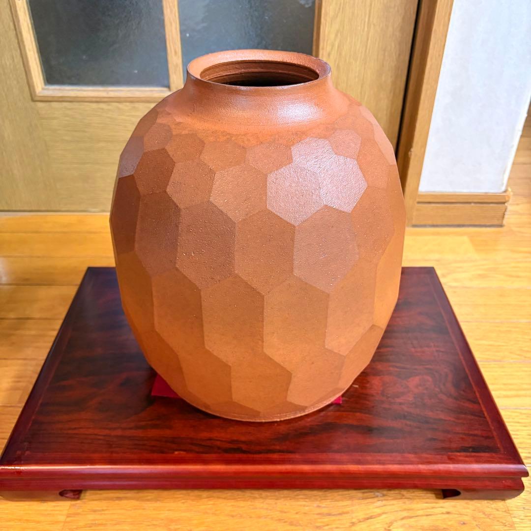 井上善夫 萬古焼 亀甲塩釉壺 共箱付 作家物 美術陶器 30cm