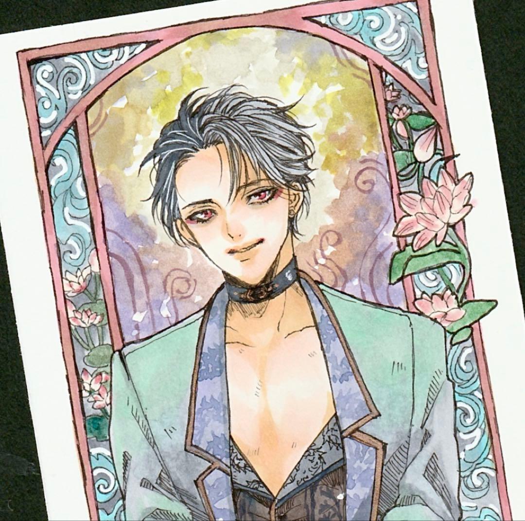 手描きイラスト オリジナル 短冊型 中華 蓮 創作男子