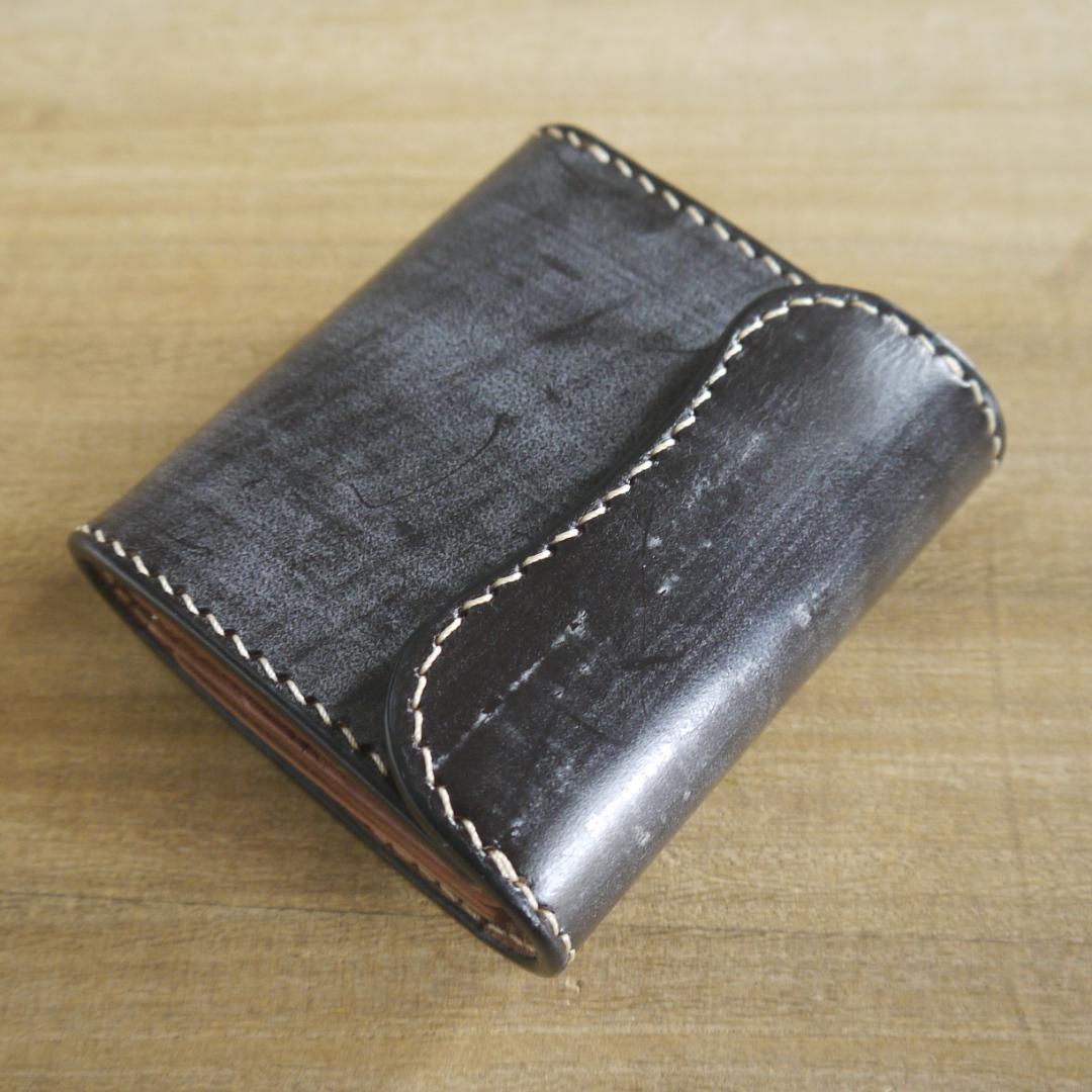 ヌメ革　UKブライドルレザー　セドウィック社　コンパクトウォレット　こげ茶/生成