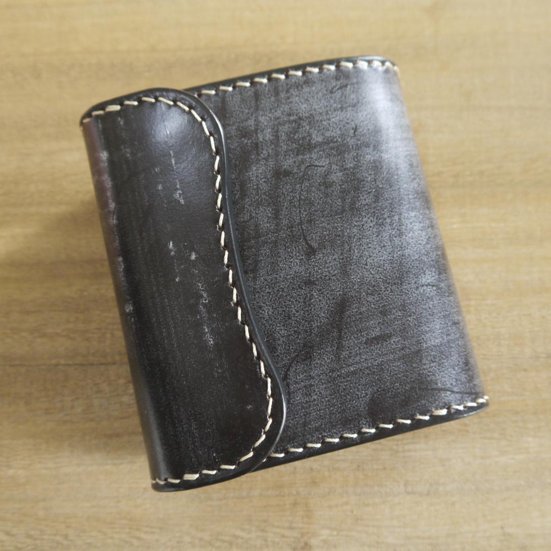 ヌメ革　UKブライドルレザー　セドウィック社　コンパクトウォレット　こげ茶/生成