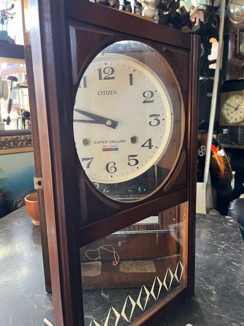 シチズン日付時計、ケヤキレトロ柱時計、ゼンマイ振り子時計、ケヤキの高級柱時計