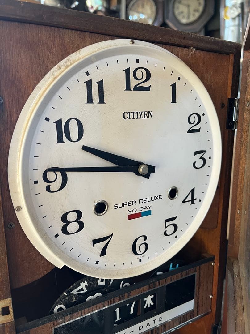 シチズン日付時計、ケヤキレトロ柱時計、ゼンマイ振り子時計、ケヤキの高級柱時計