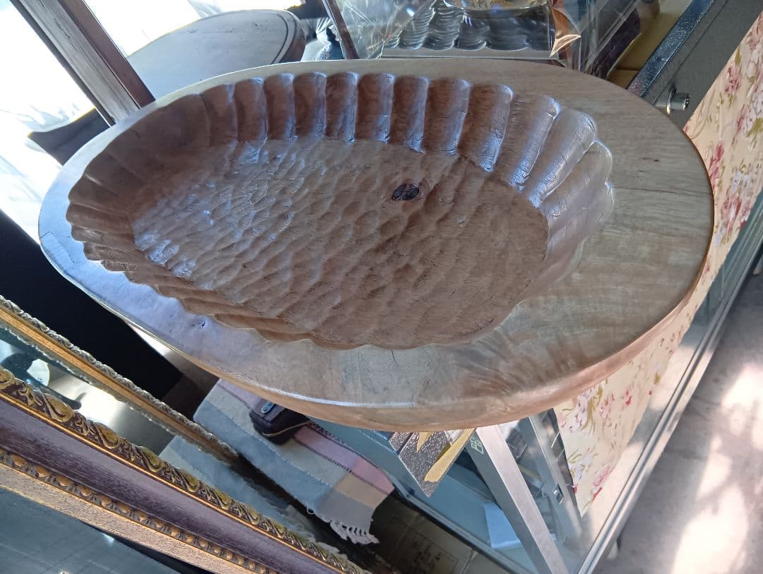 希少　1960's　オールドチーク　無垢材　ウッドカービング　バスケット　トレイ