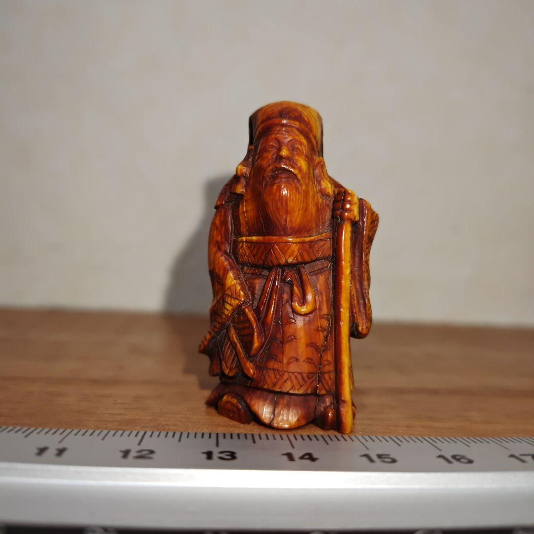 時代提物 七福神置根付 天然素材 在銘【寿老人】高約5.2cm 重約23ｇ 長寿