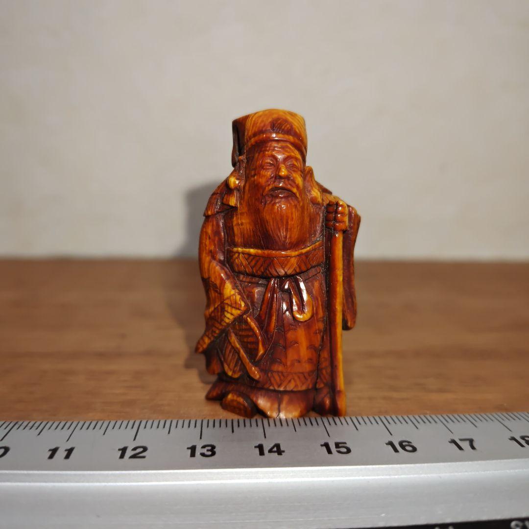 時代提物 七福神置根付 天然素材 在銘【寿老人】高約5.2cm 重約23ｇ 長寿