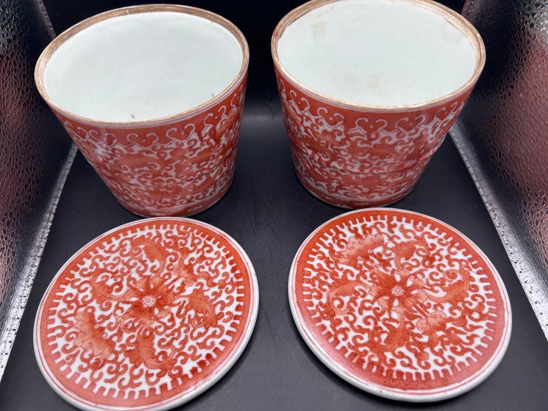 【大清同治年製】中国古玩 赤絵金銀彩 龍唐草文 鉢/向付 小皿揃え 2客 官窯風