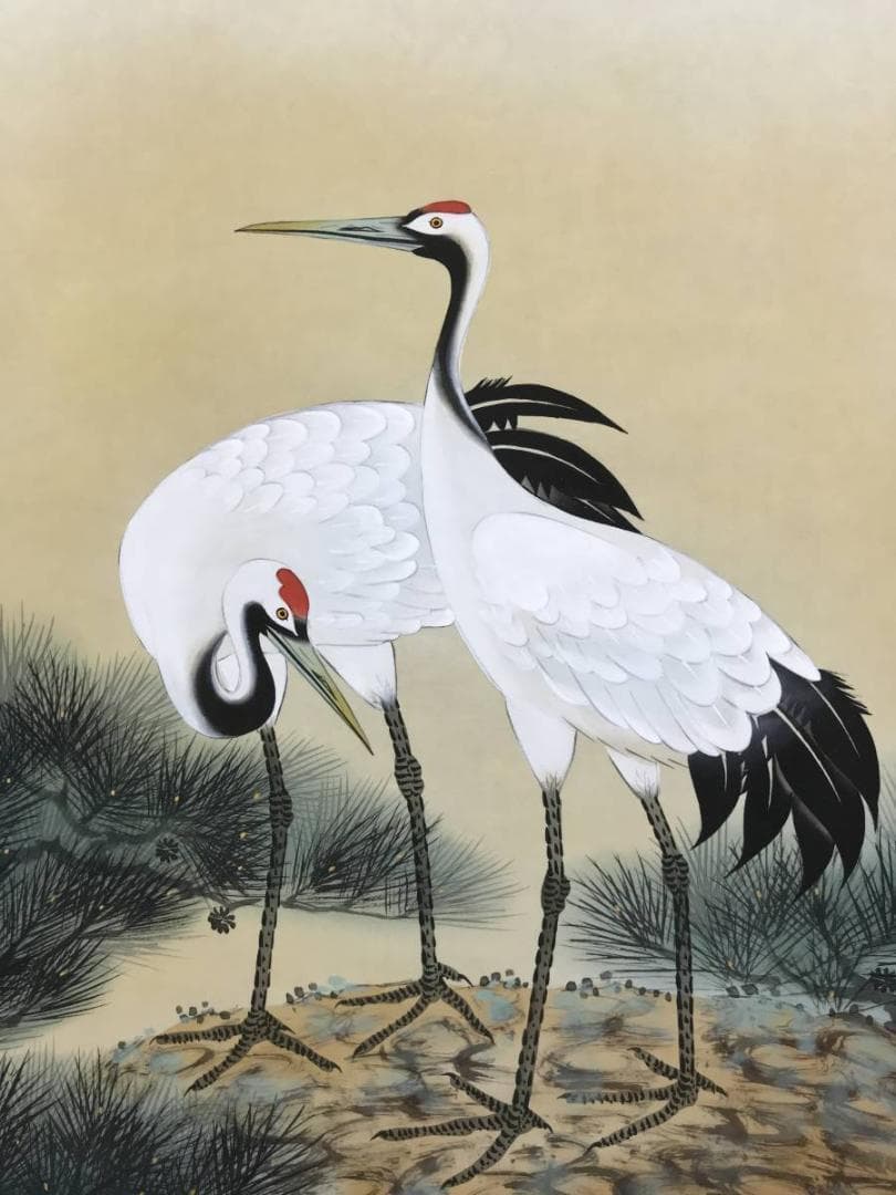 真作/石河暁風/松上双鶴図/鶴図/掛軸/名家伝来/AD-958