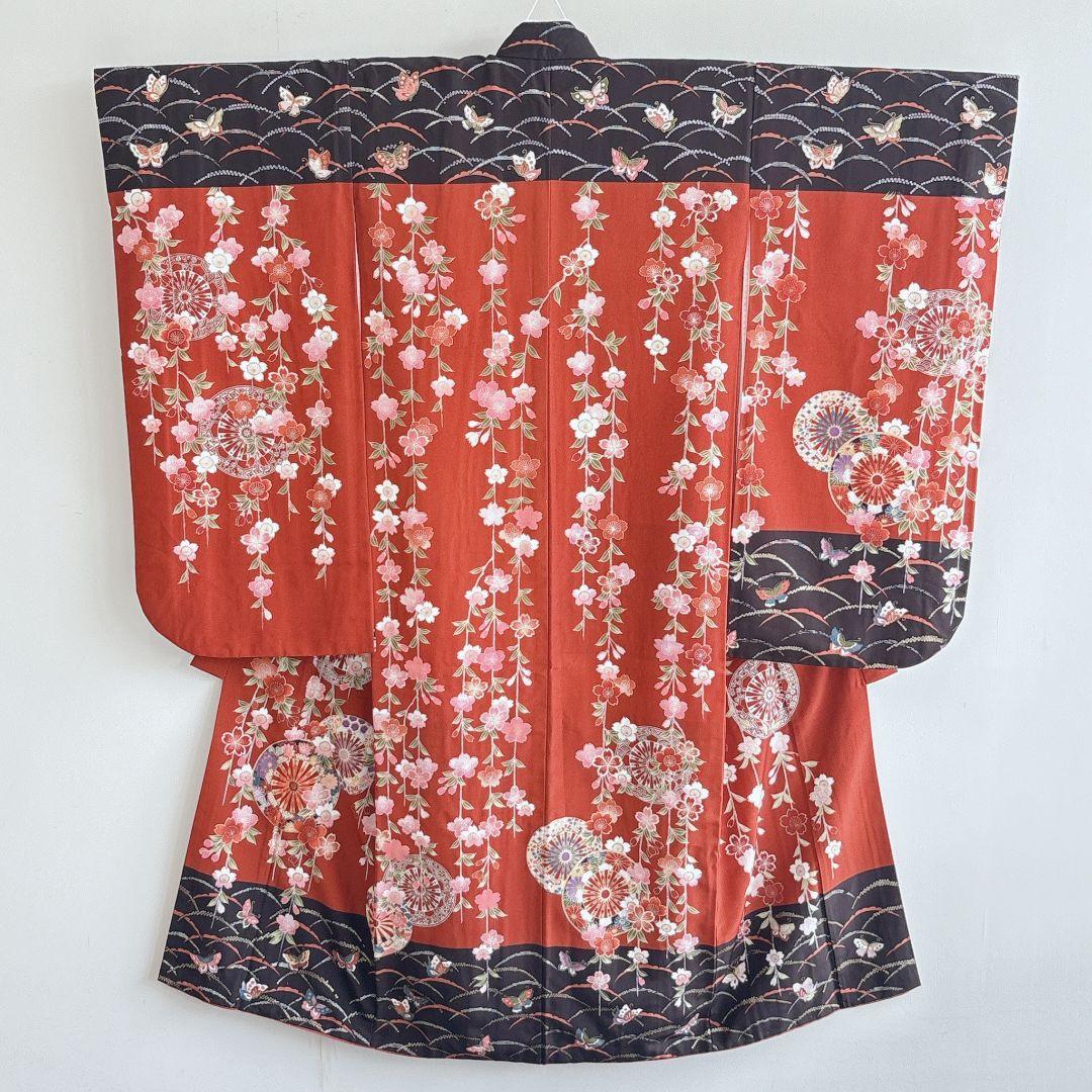 フルセット　七五三７歳女児　茶色地　桜　袋帯　シルバー地　長襦袢付　7292