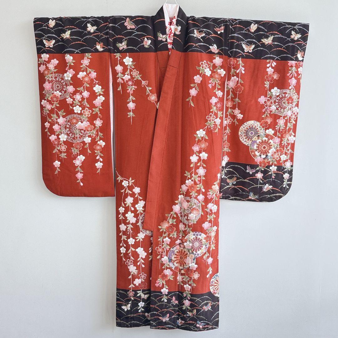 フルセット　七五三７歳女児　茶色地　桜　袋帯　シルバー地　長襦袢付　7292