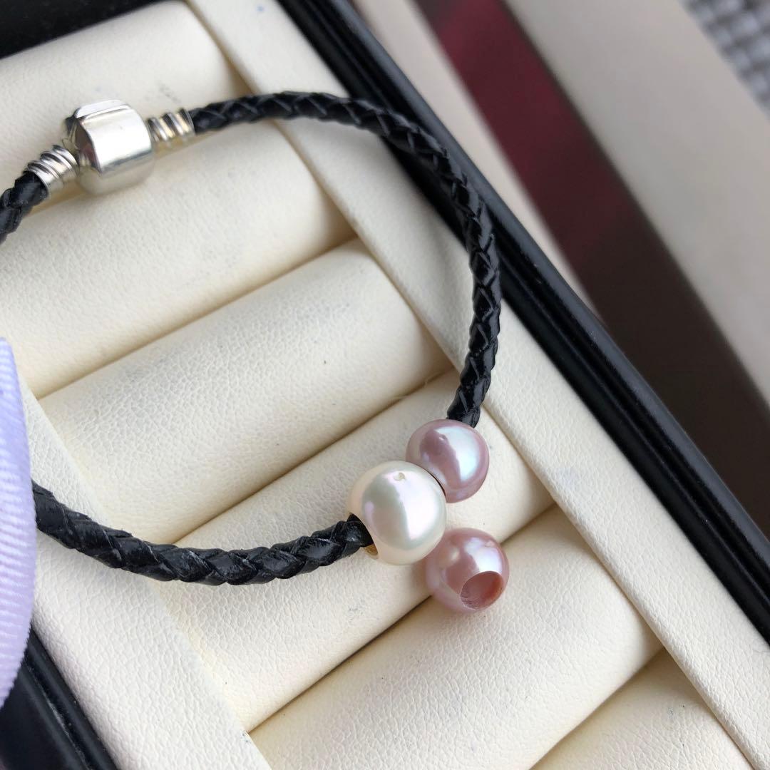 オリジナルデザイン　3ways淡水バロックパールブレスレット　皮糸黒