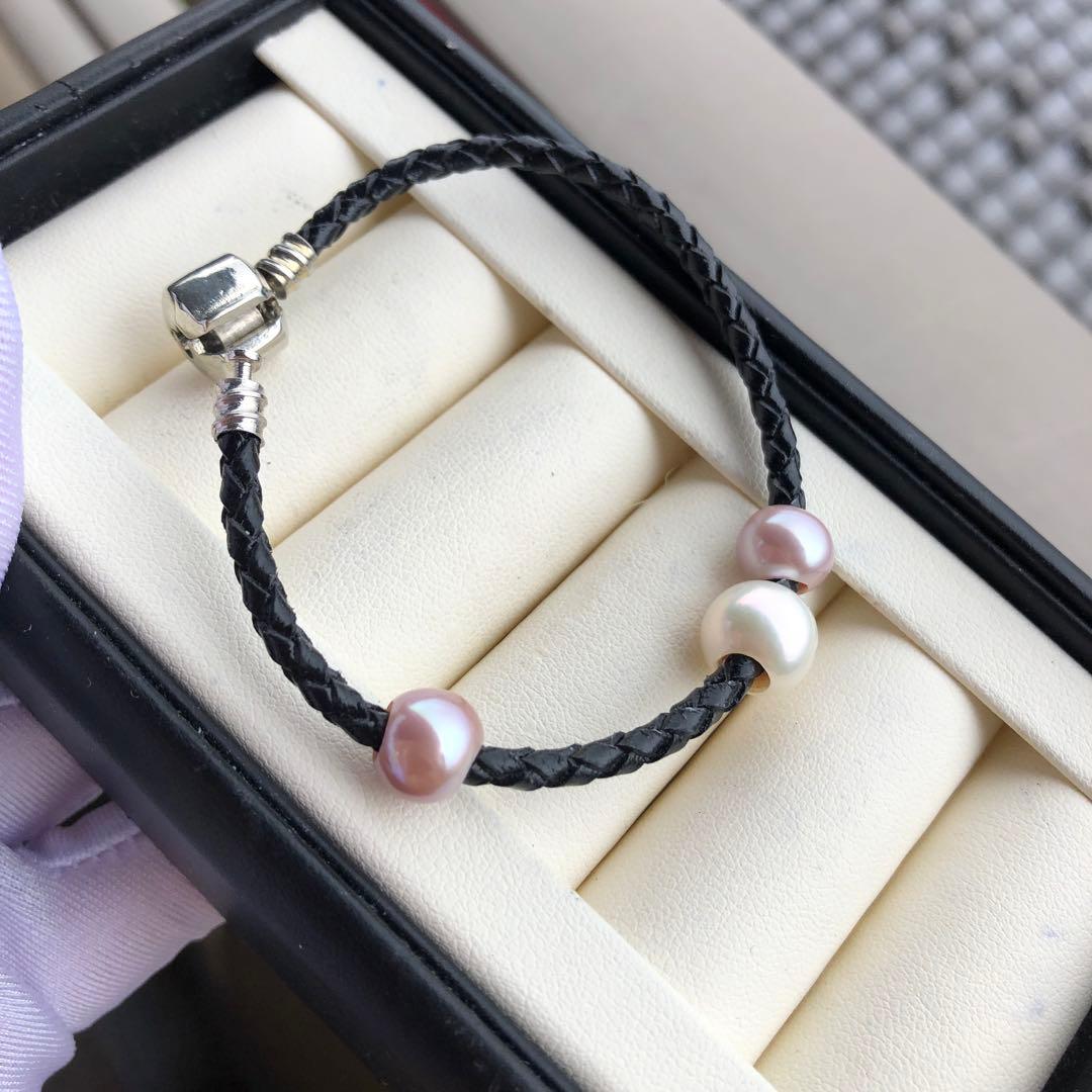 オリジナルデザイン　3ways淡水バロックパールブレスレット　皮糸黒