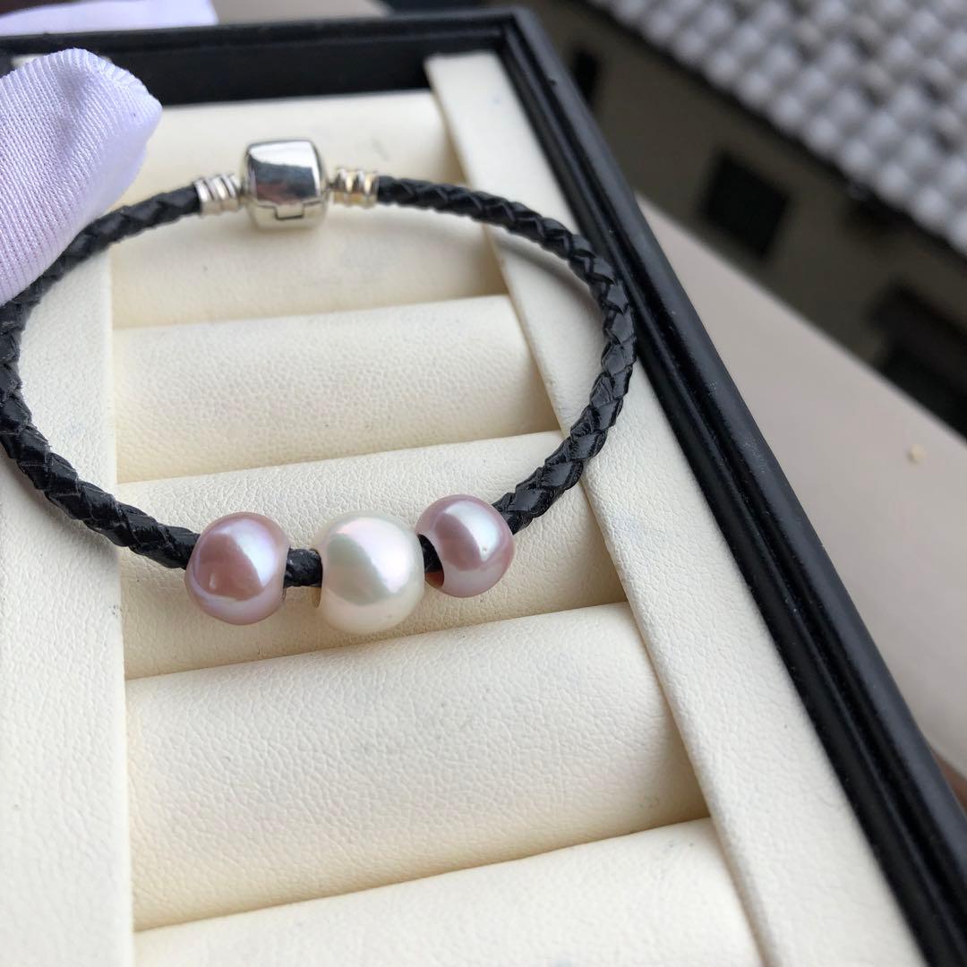 オリジナルデザイン　3ways淡水バロックパールブレスレット　皮糸黒