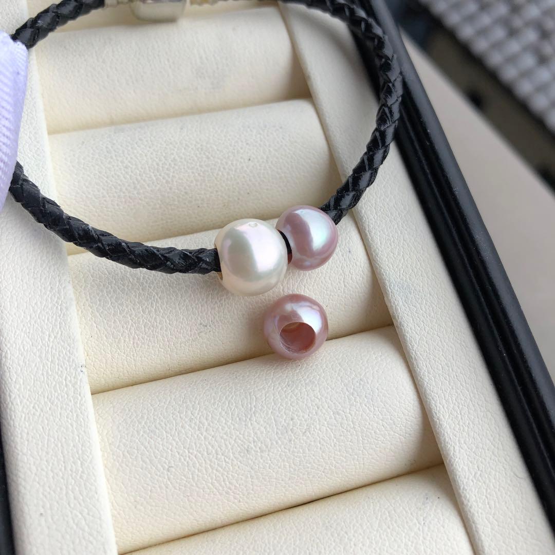 オリジナルデザイン　3ways淡水バロックパールブレスレット　皮糸黒