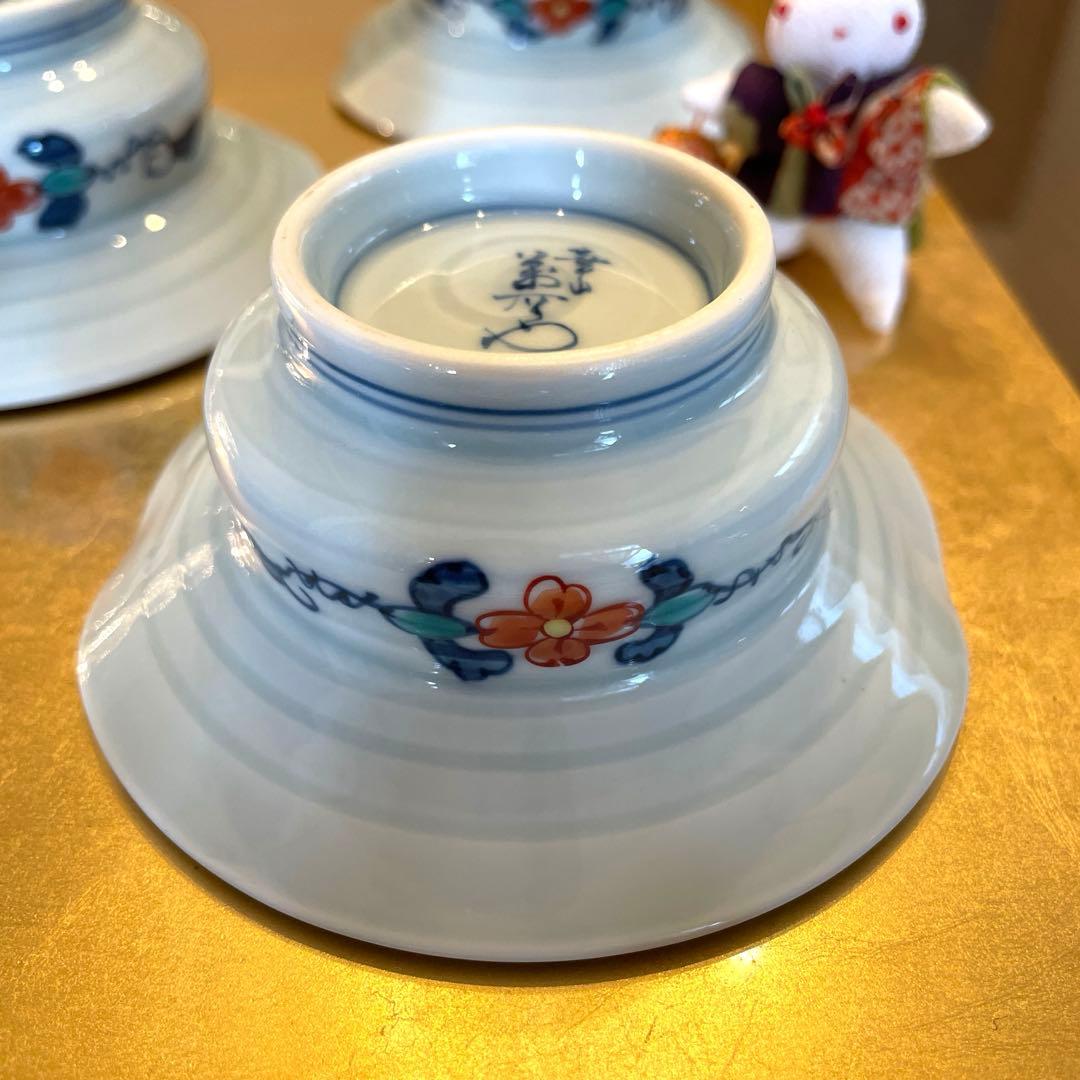 レトロ　新品　有田焼　華山窯萬右衛門　赤絵　染付花紋　手描き　蓋付き小鉢　五客