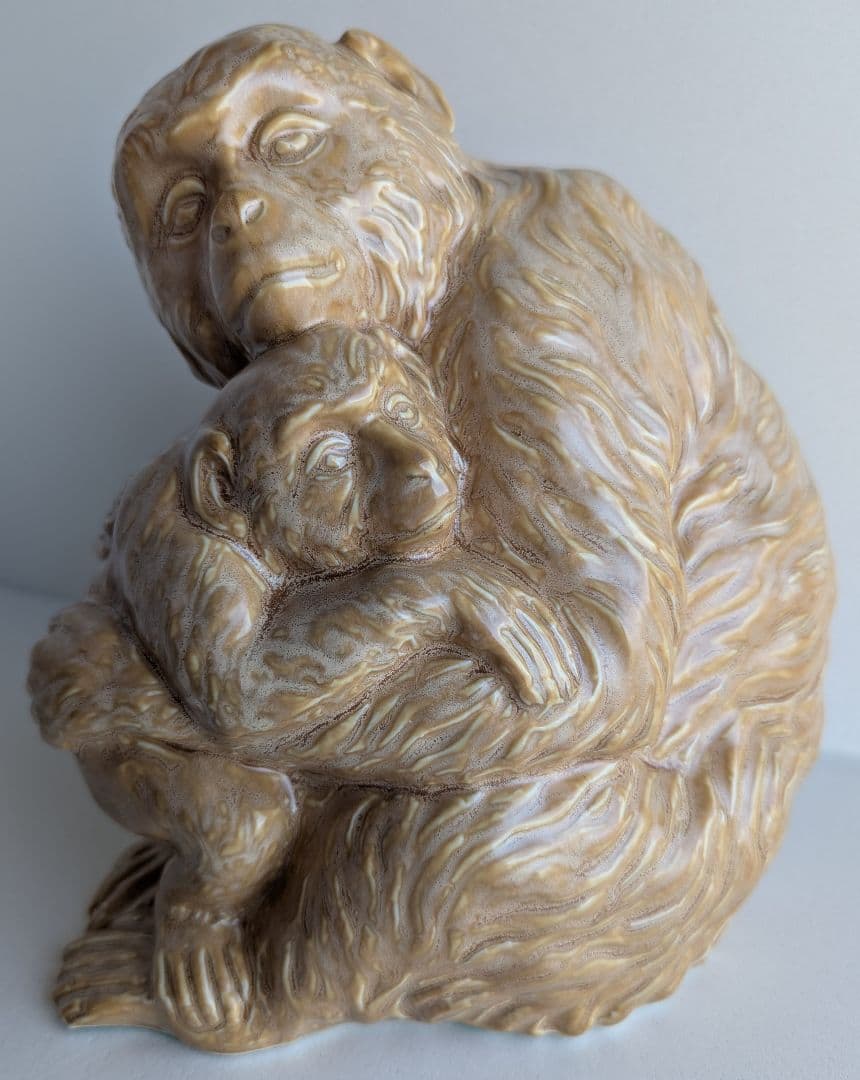 母子の申 猿 置物 楽陶窯 創作陶芸 共箱付 陶器オブジェ