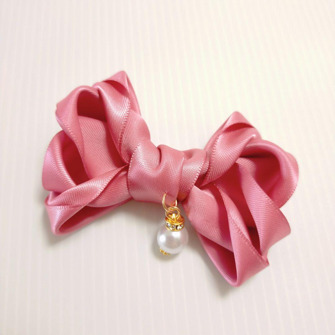 確認　ヘアゴム　ヘアリボン　500　つややかサテン　バラ　大人ピンク