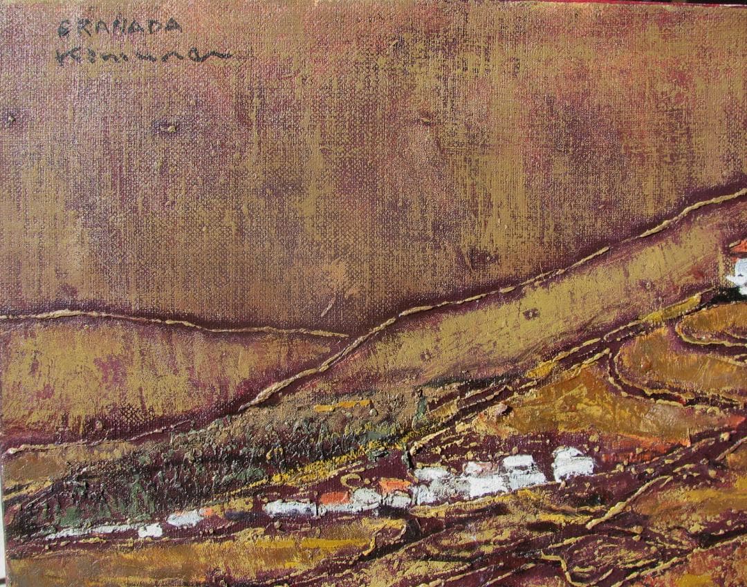 木村二朗「SPAIN サクラモンテの丘」8号油彩,童画的麗らか画面,聖なる山