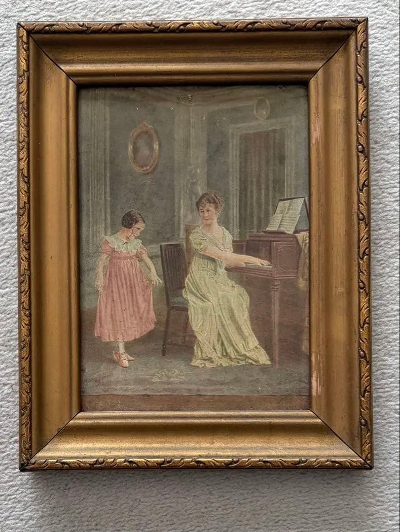 100年以上前？の、小さな額絵‼️社交界デビューの準備❓ママのピアノでダンスの練習