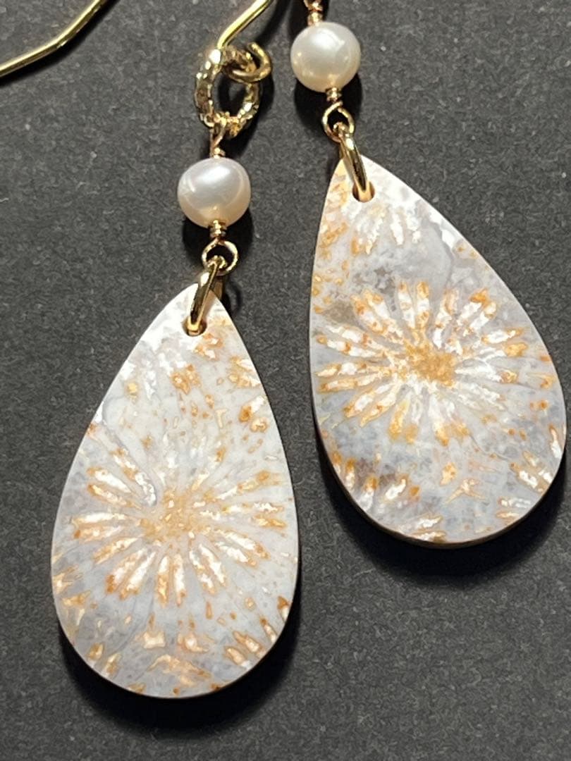 14kgf アンティークなフォッシルコーラル ピアス&ペンダントトップセット