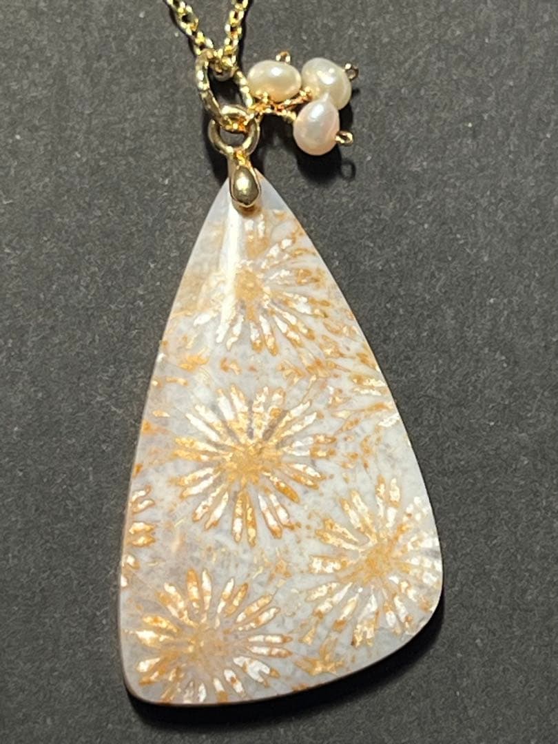 14kgf アンティークなフォッシルコーラル ピアス&ペンダントトップセット