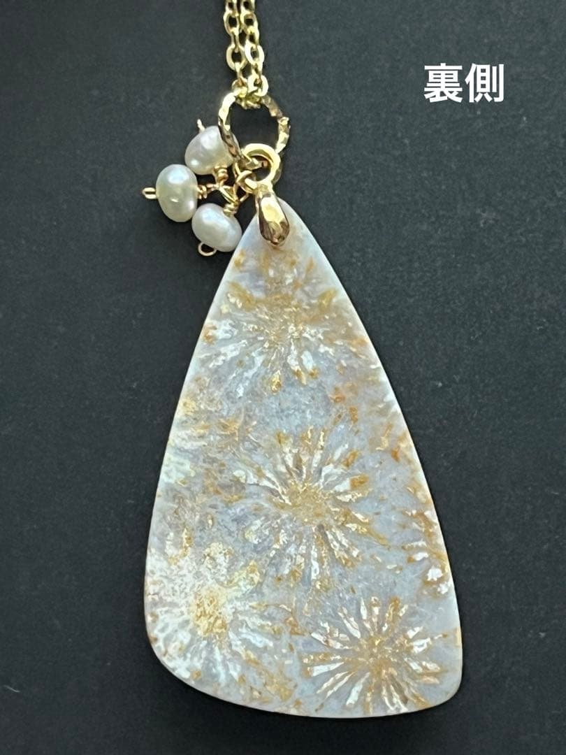 14kgf アンティークなフォッシルコーラル ピアス&ペンダントトップセット