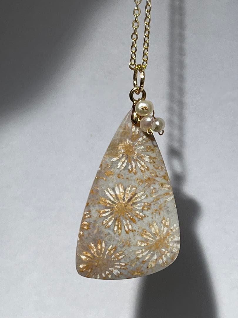 14kgf アンティークなフォッシルコーラル ピアス&ペンダントトップセット